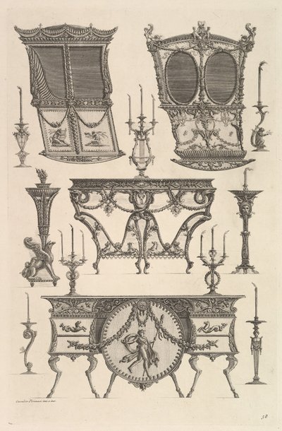 Různý nábytek včetně dvou sedanových židlí, odkládacího stolku a komody Deux c..., ca. 1769. od Giovanni Battista Piranesi
