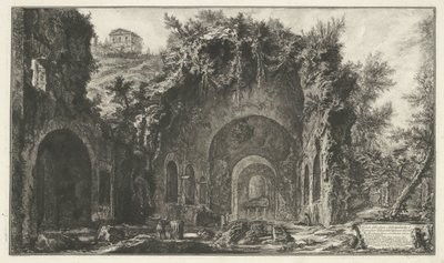 Nymphaeum van Egeria v Římě Pohled na zdroj a egyptské jeskyně mimo Porta Capena nebo di S. Seb.no (...) (titul na objektu) Gezichten op Rome (název série) Pohledy na Řím navrhl a vyryl Giambattista Piranesi architekt Ve (nez) ia od Giovanni Battista Piranesi
