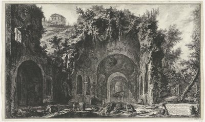 Nymphaeum van Egeria v Římě Pohled na zdroj a egyptské jeskyně mimo Porta Capena nebo di S. Seb.n (...) (titul na objektu) Gezichten op Rome (název série) Pohledy na Řím navrhl a vyryl Giambattista Piranesi architekt Ve (nez) ian od Giovanni Battista Piranesi