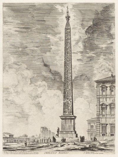 Egyptský obelisk. Ten byl vztyčen papežem Sixtem V. na Piazza di S. Gio. Laterano, z Vedute di Roma (Pohledy na Řím) od Giovanni Battista Piranesi