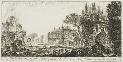 Část starověké Appian Way asi tři míle od Porta S. Sebastiano, deska 19 z Some Views of Triumphal Arches a dalších památek od Giovanni Battista Piranesi