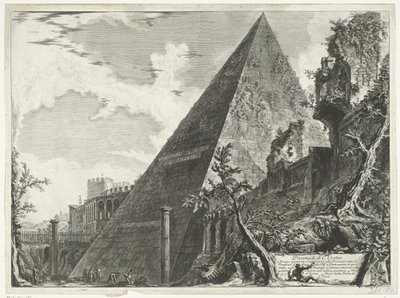 Piramide van Cestius te Rome Pyramida C. Cestio (název na objektu) Gezichten op Rome (název série) Pohledy na Řím navržený a vyrytý architektem Giambattista Piranesi Ve (nez) iano (název série) od Giovanni Battista Piranesi