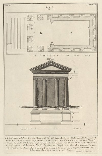 Plán a fasáda chrámu Fortuna Virilis Tempio della Fortuna Virile, z..., 1756. od Giovanni Battista Piranesi