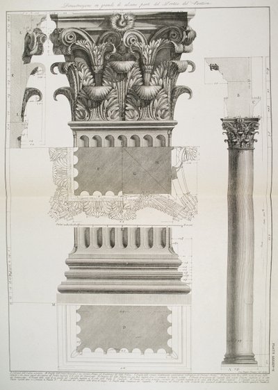 Deska LXXXIV-V Ukázka části portiku Pantheonu ve velkém měřítku z knihy "Vedute", poprvé vydané v roce 1756, vydavatel E und F.N. Spon Ltd., 1900. od Giovanni Battista Piranesi
