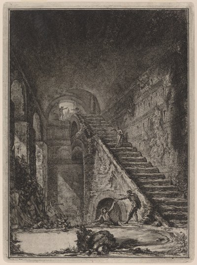 Perspektiva Schodiště vodotěsnosti výše zmíněných objektů, zmiňovaných v půdorysu na desce XIII. G. od Giovanni Battista Piranesi