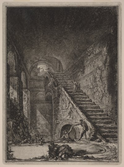 Perspektiva schodiště vodní nádrže již zmíněných ubytovacích prostor, označených v půdorysu na tabuli XIII písmenem G. od Giovanni Battista Piranesi