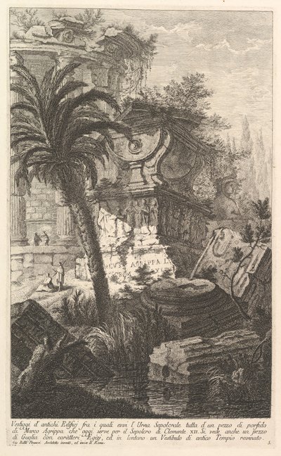 Pozůstatky starověkých budov, mezi nimiž stojí náhrobní urna Marcuse Agrippy ma..., ca. 1750. od Giovanni Battista Piranesi