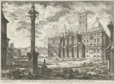 Santa Maria Maggiore te Rome Pohled na baziliku Santa Maria Maggiore se dvěma bočními továrnami zmíněné baziliky (název na objektu) Gezichten op Rome (název série) Pohledy na Řím navrhl a vyryl Giambattista Piranesi architekt Ve (nez) ia od Giovanni Battista Piranesi