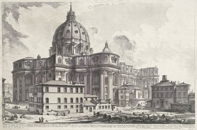 Sint-Pietersbasiliek vanaf Náměstí sakristie Pohled na exteriér velké baziliky svatého Petra ve Vatikánu (titul na objektu) Gezichten op Rome (název série) Pohledy na Řím navrhl a vyryl Giambattista Piranesi architekt Ve (nez) iano (ser od Giovanni Battista Piranesi