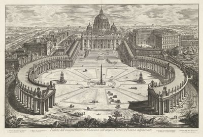 Sint-Pietersplein se setkal s de Sint-Pietersbasiliek te Vaticaanstad Pohled na slavnou vatikánskou baziliku s velkým Portikem a přilehlým náměstím Piazza (název na objektu) Gezichten op Rome (název série) Pohledy na Řím navrhl a vyryl Giambattista Piranes od Giovanni Battista Piranesi