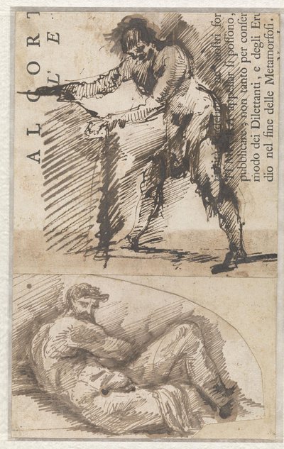 Studie stojící mužské postavy měřící podstavec (a). Studie podle Michelangelova Il Giorno (b) od Giovanni Battista Piranesi