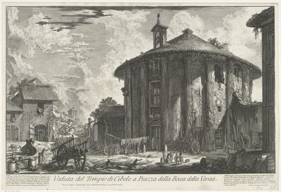 Tempel van Hercules Invictus te Rome Pohled na chrám Kybele na náměstí Piazza della Bocca della Verità (název na objektu) Gezichten op Rome (název série) Pohledy na Řím navržený a vyrytý architektem Giambattista Piranesi Ve (nez) iano (název série) od Giovanni Battista Piranesi