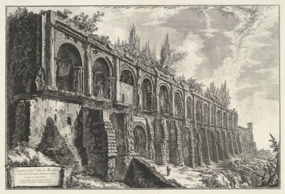 Tempel van Hercules Victor t a Tivoli Pozůstatky vily di Mecenate v Tivoli, postavené z travertinů nejisté práce (název na objektu) Gezichten op Rome (název série) Pohledy na Řím navrhl a vyryl Giambattista Piranesi architekt Ve (nez) iano ( od Giovanni Battista Piranesi