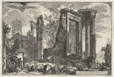 Tempel van Vesta en de Tempel van de Tiburtijnse Sibille v Tivoli Jiný pohled na Sibylin chrám v Tivoli (název na objektu) Gezichten op Rome (název série) Pohledy na Řím navrhl a vyryl Giambattista Piranesi architekt Ve (nez) iano (ser od Giovanni Battista Piranesi