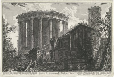 Tempel van Vesta en de Tempel van de Tiburtijnse Sibille v Tivoli Pohled na chrám Sibyly v Tivoli (název na objektu) Gezichten op Rome (název série) Pohledy na Řím navrhl a vyryl architekt Giambattista Piranesi Ve (nez) iano (série ti od Giovanni Battista Piranesi