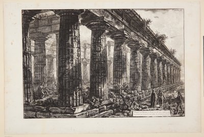 Neptunův chrám v Paestu, viděný ze strany a nakreslený větší než na první tabuli od Giovanni Battista Piranesi