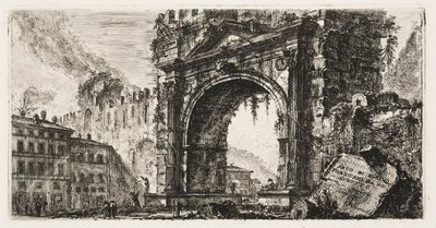 Oblouk v Rimini postavený Augustem, deska 17 z některých pohledů na triumfální oblouky a další památky od Giovanni Battista Piranesi