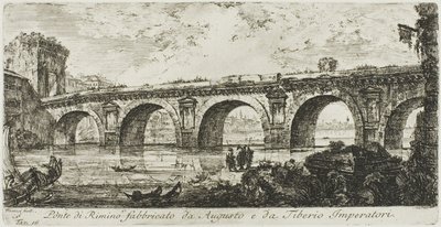 Most v Rimini postavený císaři Augustem a Tiberiem, deska 16 z některých pohledů na triumfální oblouky a další památky od Giovanni Battista Piranesi