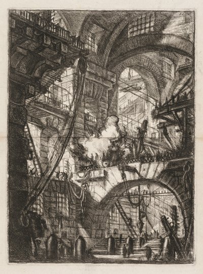 Die Gefängnisse: Eine Perspektive von Bögen mit einem rauchenden Feuer in der Mitte von Giovanni Battista Piranesi