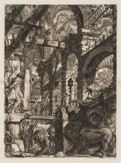 Vězení: Pohled na římské oblouky, se dvěma lvy vytesanými v reliéfu..., 1745-50. od Giovanni Battista Piranesi