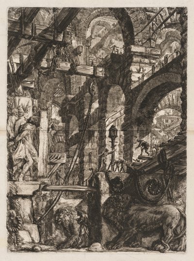 Vězení: Perspektiva římských oblouků se dvěma lvy vytesanými v reliéfu na kamenných deskách v popředí od Giovanni Battista Piranesi