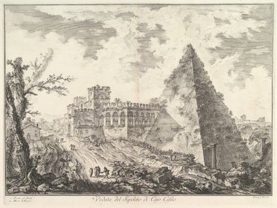 Pyramida Caiuse Cestiuse, s Porta S. Paolo a přilehlou silnicí Veduta del S..., ca. 1755. od Giovanni Battista Piranesi