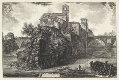 Tibereiland te Řím Pohled na ostrov Tiber (název na objektu) Gezichten op Rome (název série) Pohledy na Řím navržený a vyrytý architektem Giambattista Piranesi Ve (nez) iano (název série) od Giovanni Battista Piranesi