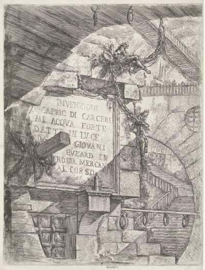 Tisk titulu s tváří v žaláři a titulem na zdi Dungeons (název série) Invenzioni Capric di Carceri all Acqua Forte (název série na objektu) od Giovanni Battista Piranesi