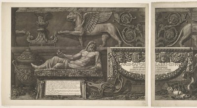 Titulní tisk se sochami, vyřezávanými reliéfy a sarkofágem s titulem Vázy, svícny, náhrobky, sarkofágy, stativy, lampy a ozdoby navržené a vyryté Giovanni Battista Piranesi (název série) Vasi, kandelábry, cippi, sarkofág od Giovanni Battista Piranesi