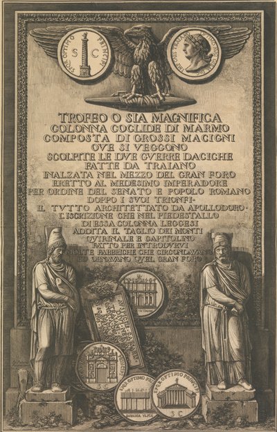 Titulní strana s orlem, mince zobrazující obraz Trajánova sloupu, klasické sochy, 1774-79. od Giovanni Battista Piranesi