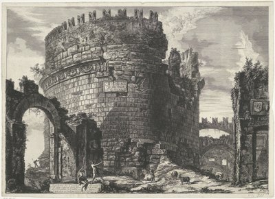 Tombe van Caecilia Metella te Rome Hrob Cecilie Metell (...) (název na předmětu) Gezichten op Rome (název série) Pohledy na Řím navržený a vyrytý architektem Giambattista Piranesi Ve (nez) iano (název série) od Giovanni Battista Piranesi