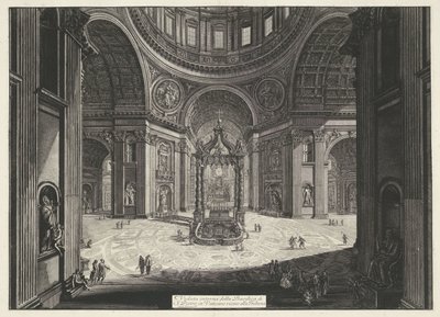 Transept van de Sint-Pietersbasiliek te Vaticaanstad Vnitřní pohled na baziliku svatého Petra ve Vatikánu poblíž Tribuny (titul na objektu) Gezichten op Rome (název série) Pohledy na Řím navrhl a vyryl Giambattista Piranesi architekt Ve ( od Giovanni Battista Piranesi