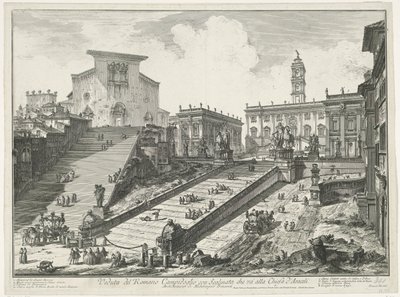 Trappen na náměstí Piazza del Campidoglio en de Santa Maria v Aracoeli te Rome Pohled na římské Campidoglio se schodištěm vedoucím ke kostelu Araceli (název na objektu) Gezichten op Rome (název série) Pohledy na Řím navrhl a vyryl Giambattista Pira od Giovanni Battista Piranesi