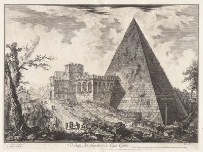 Veduta del Sepolcro di Cajo Cestio (Pohled na pyramidální hrob Caia Cestia [s Porta S. Paolo vlevo]), z Vedute di Roma (Pohledy na Řím) od Giovanni Battista Piranesi