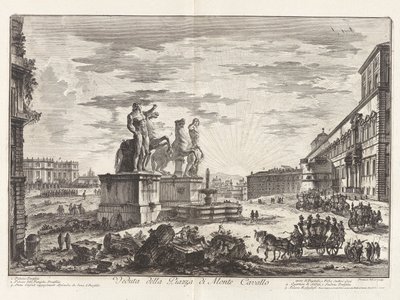 Pohled na Piazza di Monte Cavallo (Pohled na Piazza di Monte Cavallo [nyní Piazza del Quirinale s palácem Quirinal]), z Vedute di Roma (Výhledy na Řím) od Giovanni Battista Piranesi