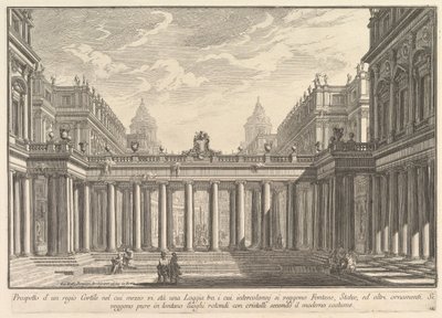 Pohled na nádvoří s lodžií, fontánami, sochami a dalšími ozdobami Prospetto ..., ca. 1750. od Giovanni Battista Piranesi