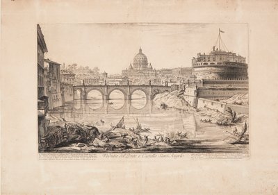 Pohled na most a Andělský hrad, Hadriánovo mauzoleum, s loděmi na Tibeře v popředí a kopulí baziliky svatého Petra v pozadí od Giovanni Battista Piranesi