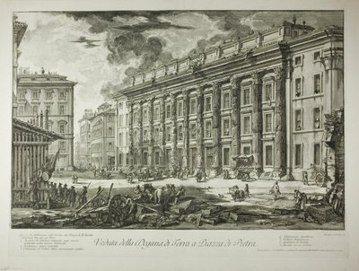 Pohled na celnici na náměstí Piazza di Pietra, která byla postavena v ruinách chrámu Marka Aurelia Antonína Pia na jeho Fóru, z Pohledů na Řím od Giovanni Battista Piranesi