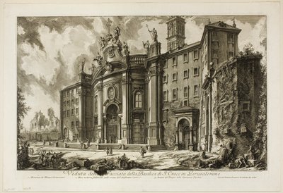 Pohled na průčelí baziliky S. Croce v Gerusalemme [Svatý kříž v Jeruzalémě], z Pohledů na Řím od Giovanni-Battista Piranesi