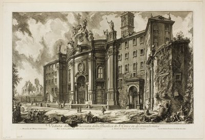 Pohled na průčelí baziliky S. Croce v Gerusalemme [Svatý kříž v Jeruzalémě], z Pohledů na Řím od Giovanni Battista Piranesi