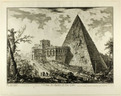 Pohled na pyramidální Cestiovu hrobku z Pohledů na Řím od Giovanni Battista Piranesi