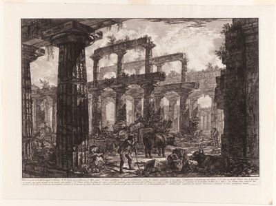 Pohled na zbytky Cella Neptunova chrámu z různých pohledů na Paestum od Giovanni Battista Piranesi