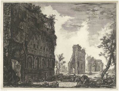Villa Adriana t a Tivoli Pohled na zbytky obvodu starověkých továren jednoho z náměstí vily Adriana (název na objektu) Gezichten op Rome (název série) Pohledy na Řím navrhl a vyryl Giambattista Piranesi architekt Ve ( od Giovanni Battista Piranesi