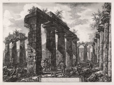 Pohled na pozůstatky pronaa stavby, kterou lze považovat za kolej amfiktyonů, z Různých pohledů na Paestum od Giovanni Battista Piranesi