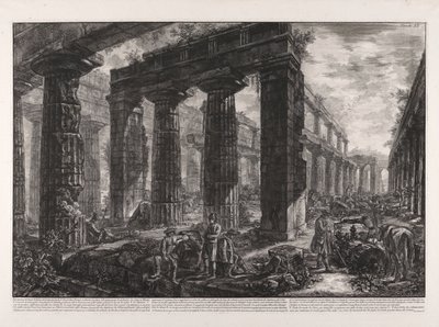 Vnitřní pohled na Neptunův chrám popsaný na desce X od Giovanni Battista Piranesi