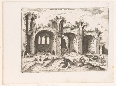 Gezicht op de Basilica van Maxentius te Rome Pohled na ruiny chrámu míru (název na objektu) Římské ruiny (název série) Některé důležité památky římského starověku (...) (název série) od Giovanni Battista Pittoni (I)