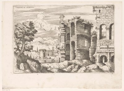 Gezicht op het Colosseum a omgeving te Řím Colosseum ro prospekt (název na předmětu) Římské ruiny (název série) Některé důležité památky římského starověku (...) (název série) od Giovanni Battista Pittoni (I)