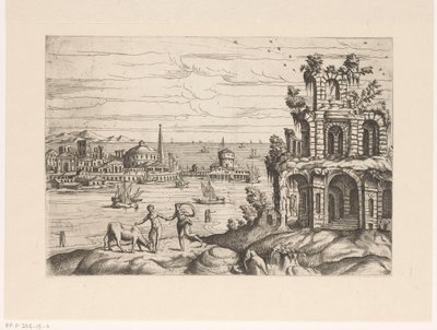Panoráma města s ruinami a fantasy architekturou u vody Krajiny s ruinami a fantazijní architekturou a postavami v antických a exotických šatech (název série) od Giovanni Battista Pittoni (I)