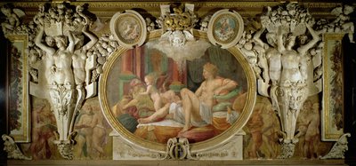 Danae, detail výzdoby v Galerii Františka I., freska 1530-40 od Giovanni Battista Rosso Fiorentino