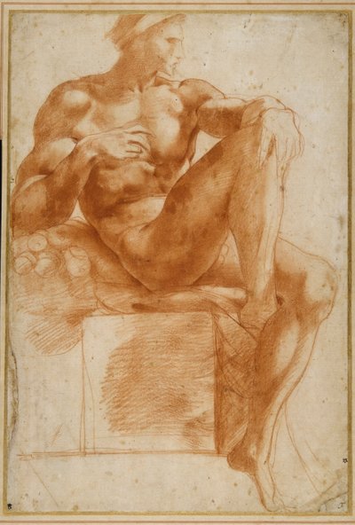 Ignudo na Sixtinské klenbě (červená křída na krémovém papíře) od Giovanni Battista Rosso Fiorentino